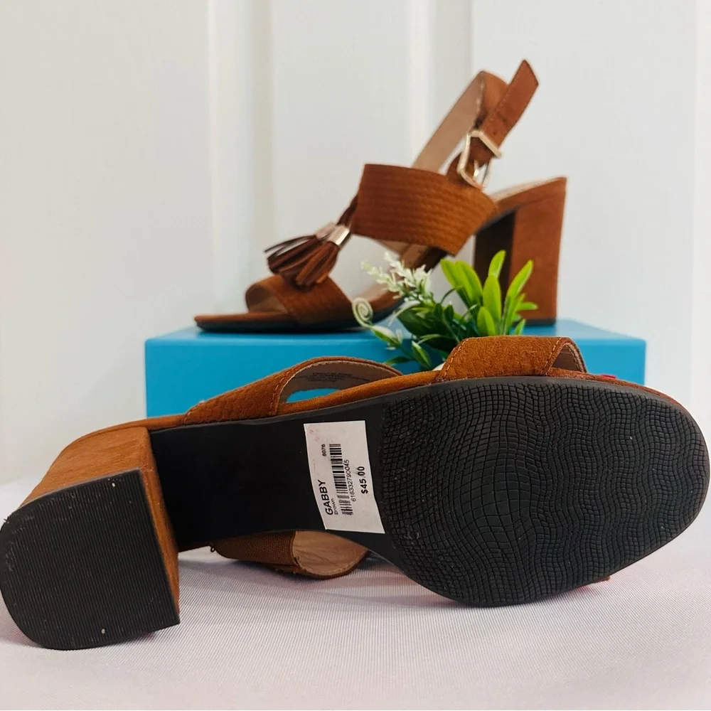 GABBY ~ Camel Brown Suede Sandals/Tassel Details and 3” Block Heel